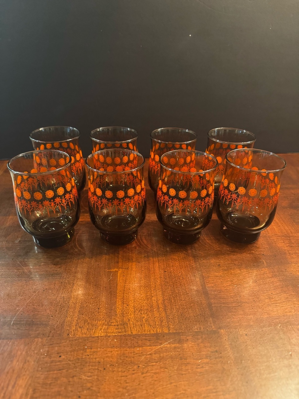 Dominion Glass Tulip Orange Flower Design Vintage MCM Kitchen Glasses
